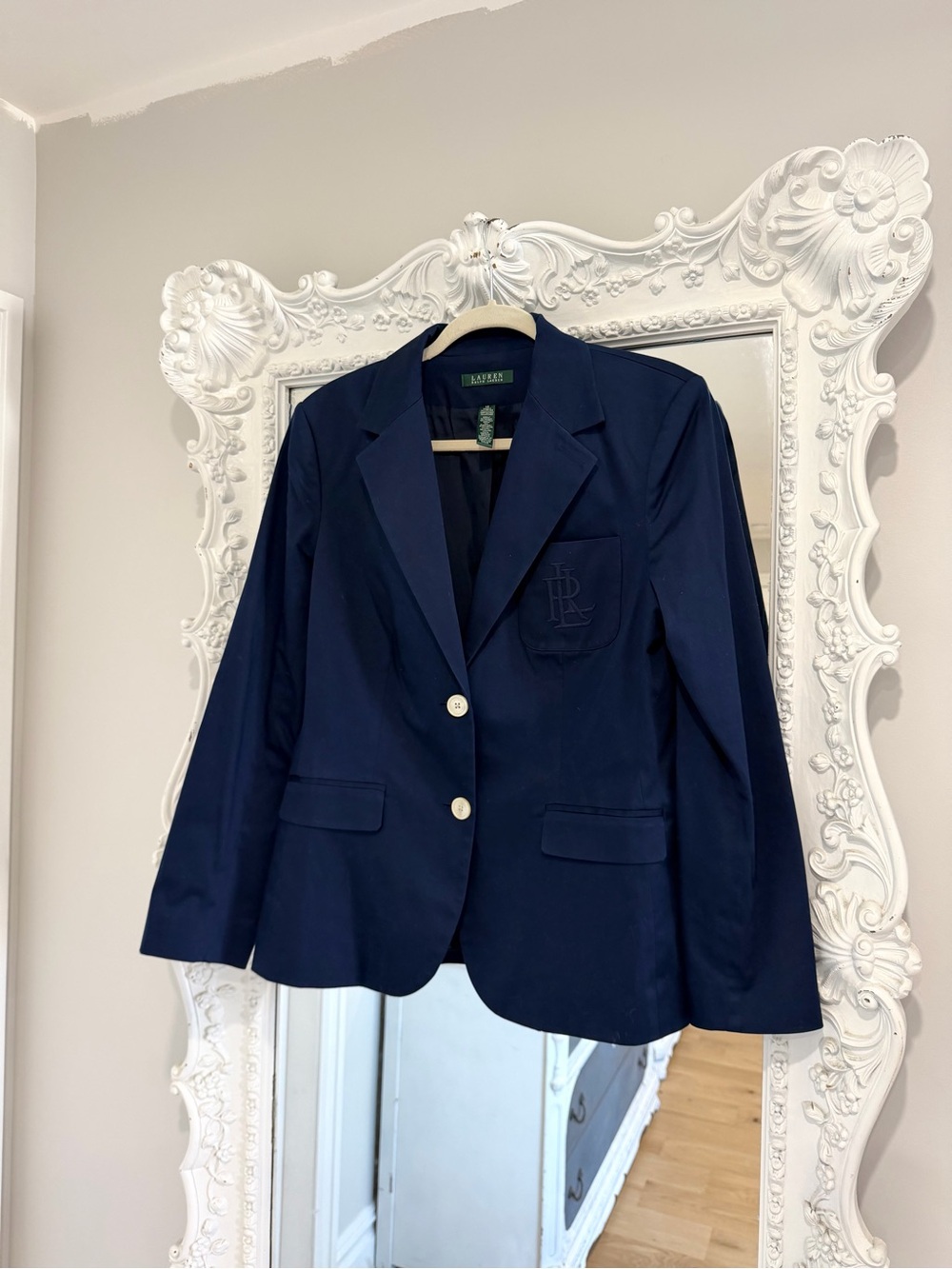Ralph Lauren Women’s Tonal Embroidered Monogram Logo Navy Blue Blazer